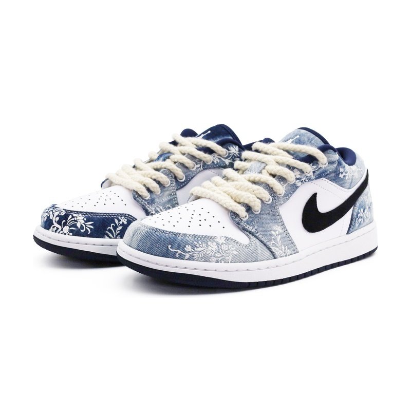 Custom Jordan Shoes White Blue Floral Denim - Image 3